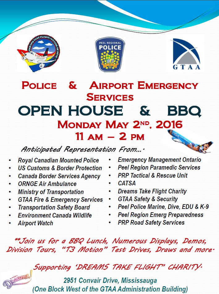 PeelPolice's tweet photo. Join PRP &amp; Airport Emergency Services Open House &amp; BBQ on Mon, May 2, 2016 from 11am - 2pm @ 2951 Convair Dr. Miss. https://t.co/n9d59TK5DT