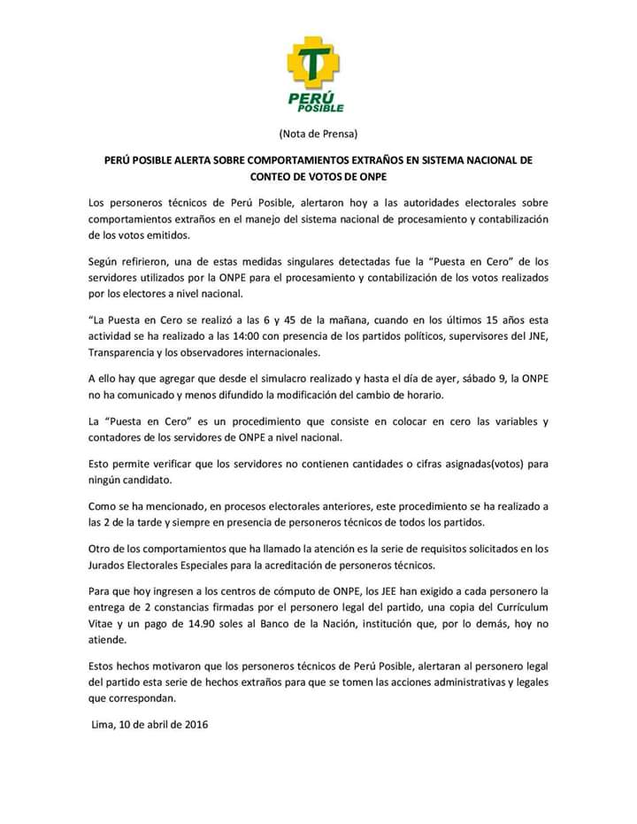 PeruPosible's tweet photo. ALERTA: ONPE realizó puesta en cero de los servidores nacionales a las 6:45 am ver nota de prensa https://t.co/1c3PXdEtzh