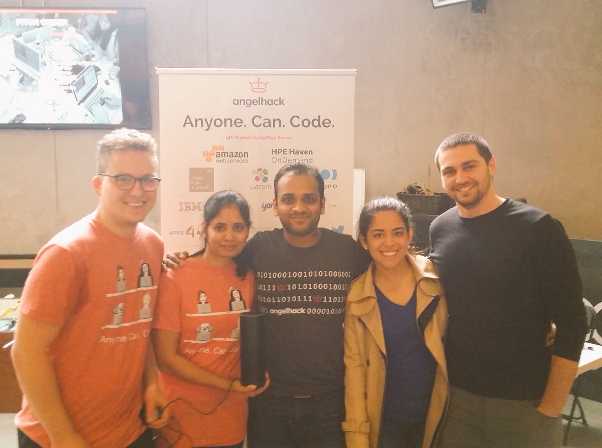 vasujain's tweet photo. Team #Jarvis just made into finals of #ah9 .. #angelhack #aws #alexa @ruchi_gl @mmmmmmmalcolm @KMircovich #hackathon https://t.co/ePsse01unl