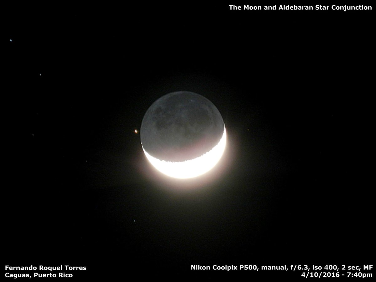 earthskyscience's tweet photo. Fernando Roquel Torres in Puerto Rico caught the star Aldebaran near the moon this evening. https://t.co/XtYzy3FzvO
