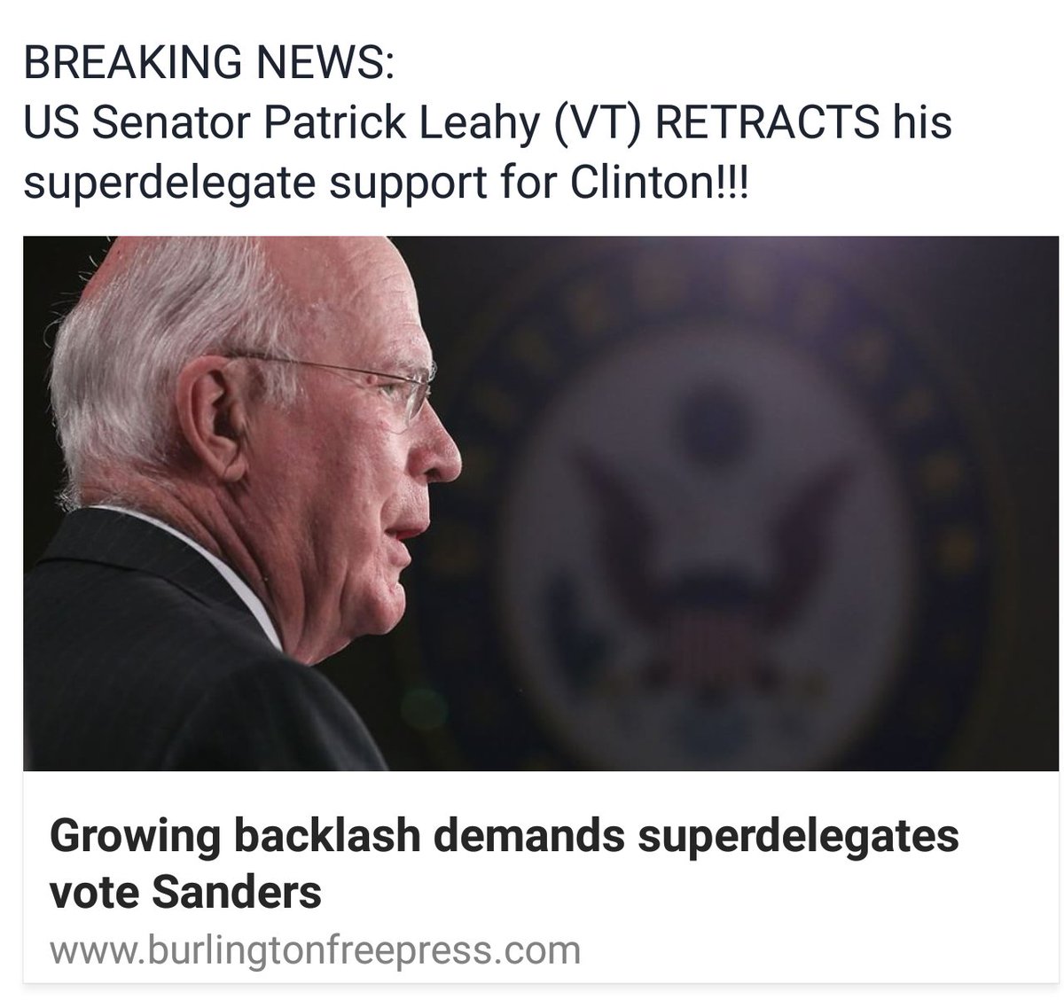 sleevegas64's tweet photo. BREAKING NEWS:
US Senator Patrick Leahy (VT) RETRACTS his superdelegate support for Clinton!!!
#SandersOnly https://t.co/dBCiLKgKSJ