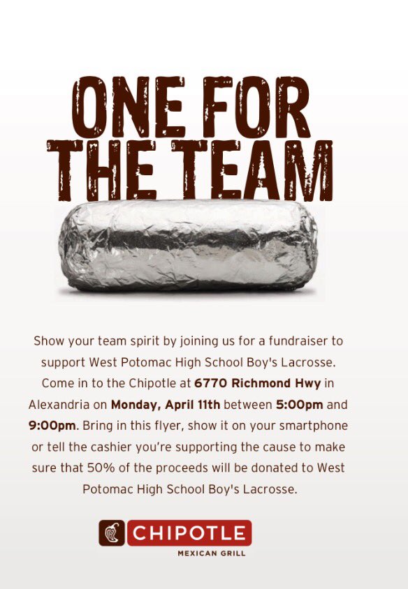 Come to Chipotle tomorrow night to support boys lacrosse.  Make sure you show the flyer.