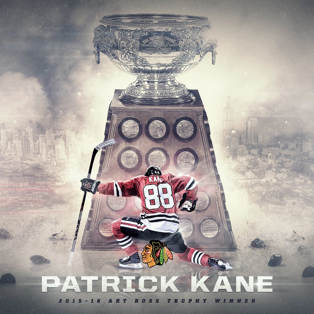NHLBlackhawks's tweet photo. Patrick Kane wins the 2016 Art Ross Trophy as the NHL’s leading scorer with a career-high 106 points!

#SHOWTIME https://t.co/ZdMkiC6xIT