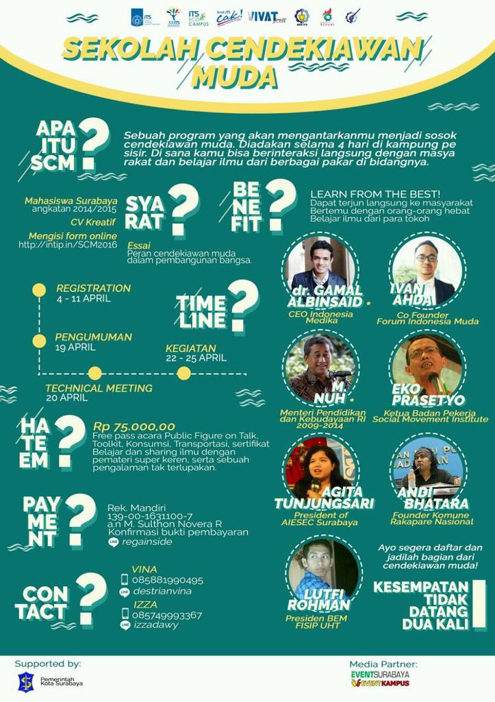 eventkampus's tweet photo. [SEKOLAH CENDEKIAWAN MUDA: OPEN REGISTRATION]
Bisa menghubungi:
[*] Vina (085881990495) / idline: destrianvina https://t.co/YMri4Y3uTa