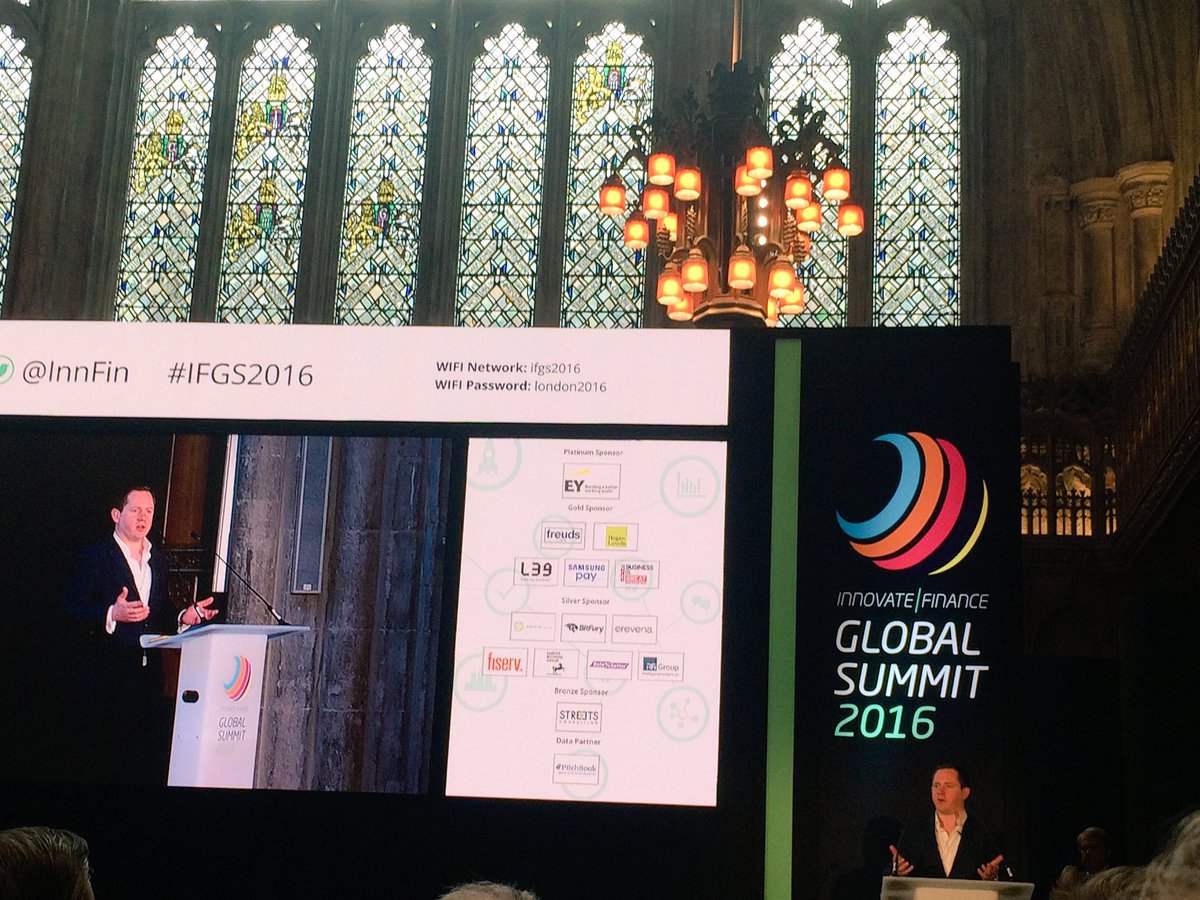 Kicking off #IFGS2016 is <a href="/InnFin/">Innovate Finance</a> chairman <a href="/alastairlukies/">Alastair Lukies</a> - today is about fintech and how old meets new