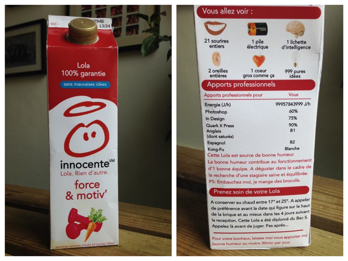 ieupmedia's tweet photo. Elle postule chez @innocent_Fr en faisant son CV sur une brique de smoothie https://t.co/3GVXUlqnvb https://t.co/KO1f7S2Mns
