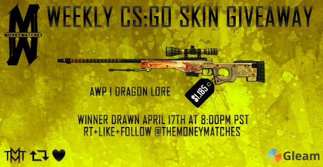 Weekly #CSGOgiveaway
$1,185 AWP DRAGON LORE

RT+Like+Follow @theMoneyMatches
Enter Here: goo.gl/f9MFs9