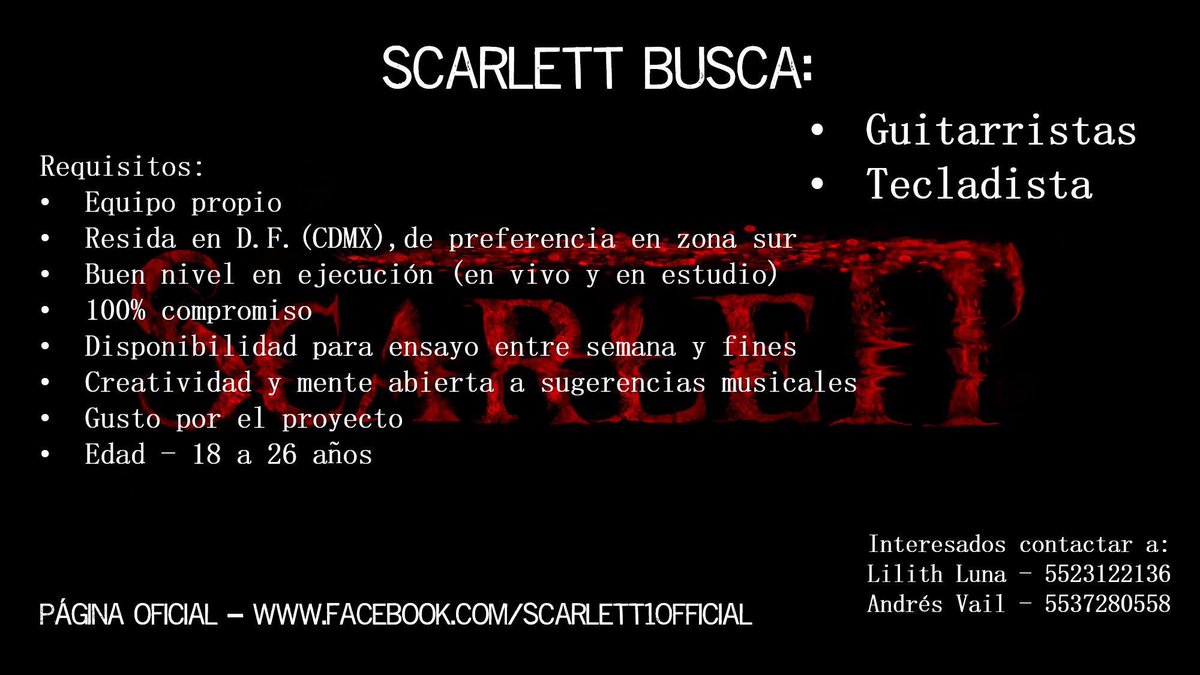 Stt_Mx's tweet photo. Scarlett esta en busca de guitarristas y tecladista! Compartan por favor #Scarlett #MusicosDF #CDMX #Musicos #Musica https://t.co/2OouFoYRJz