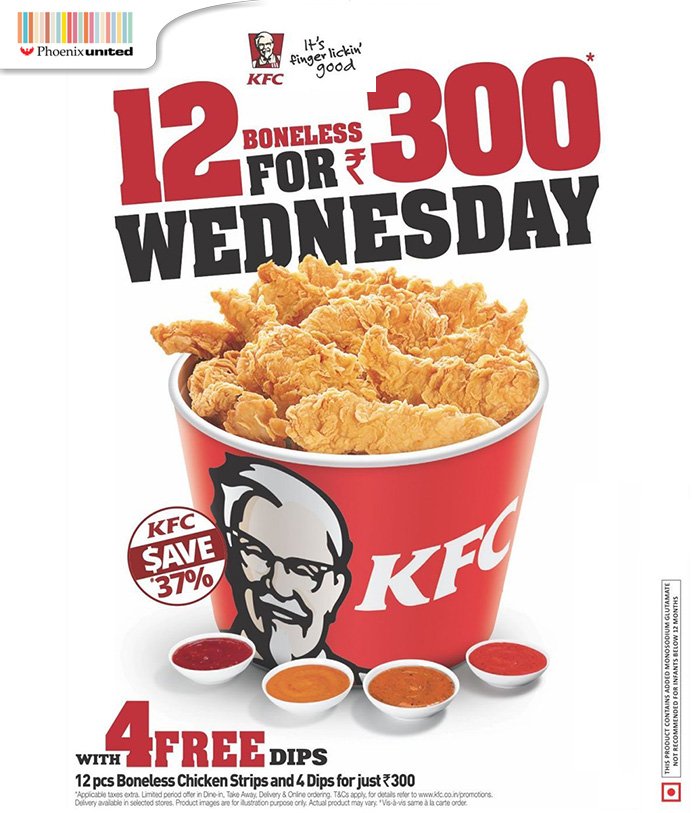 phoenixlucknow's tweet photo. Presenting a never before, never again #offer: #KFC’s Hot &amp; Crispy chicken, 12 pcs for just Rs 300 with 4 free dips. https://t.co/YIpcvk9uAV