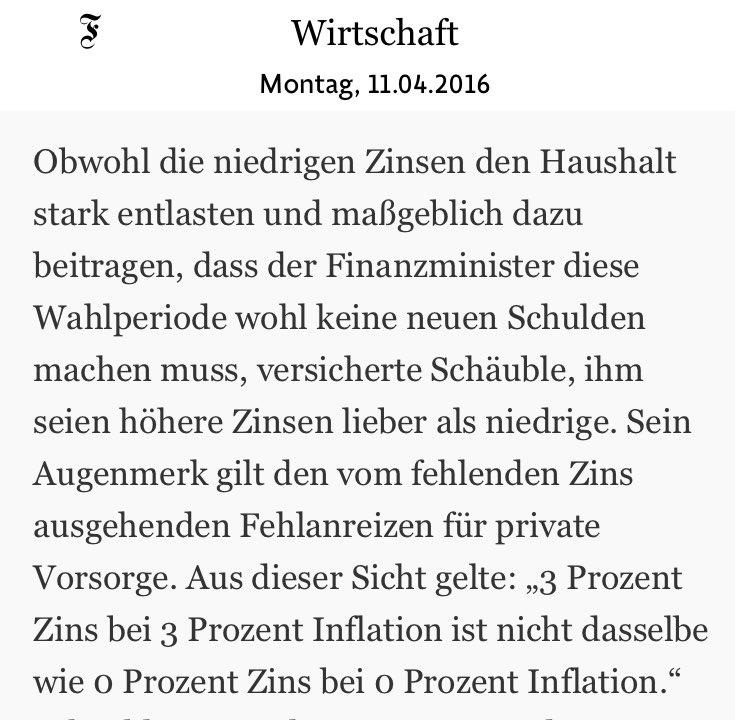 henrikenderlein's tweet photo. Schäuble in @faz: "3% interest at 3% inflation not the same as 0% interest at 0% inflation". #realvsnominal @HGoebel https://t.co/UfyErDdFY3