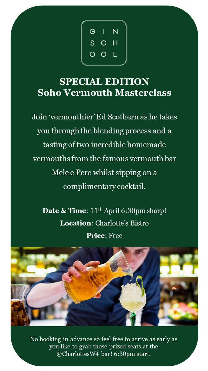 SPECIAL EDITION #Free #Vermouth masterclass by the incredible @sohovermouth Tonight 11th April 6:30pm <a href="/CharlottesW4/">Now @CharlottesGroup</a>!