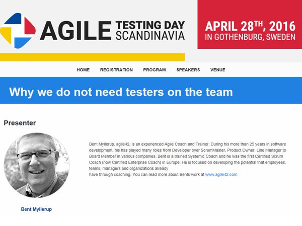 Agile_NL's tweet photo. Why we do not need testers on the Team? keynote by @bentmyllerup @Agile_SCAND #notesters? https://t.co/RGDdCcv7z9 https://t.co/R7YeGdhbLV