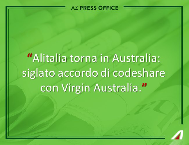 Alitalia's tweet image. Dal 15/04 sui sistemi di vendita codice di volo AZ applicabile a voli Virgin Australia. info bit.ly/1oQrhoO