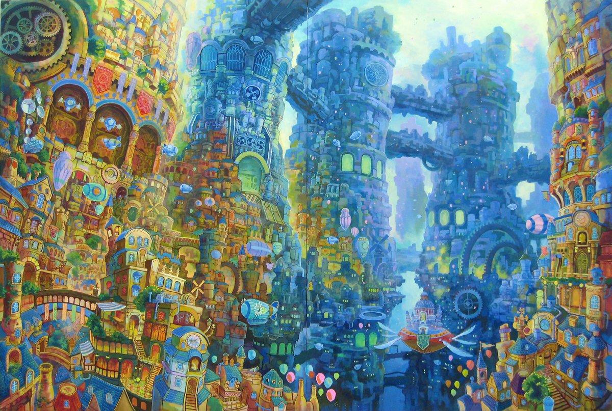 kemineko's tweet image. 空想世界エソラニアを舞台に空想風景画を描いております。#4月なのでフォロワーさんに自己紹介しようぜ