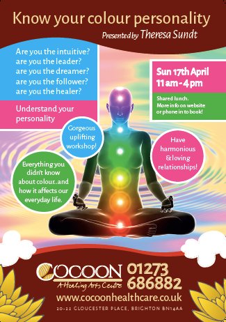 CocoonBrighton's tweet photo. Here's the flier for our fabulous colour therapy workshop, this coming Sunday call 01273 686882 to book! https://t.co/LIBfnMrJlF