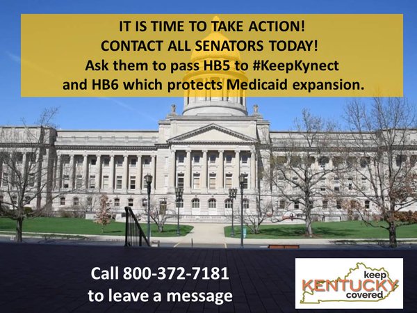 KYEqualJustice's tweet photo. Today is the day! Call Senate H&W to pass HB5 #KeepKynect & HB6 to #KeepKYCovered WITHOUT AMENDMENT today! #kyga16 https://t.co/HSSzdnqSUC