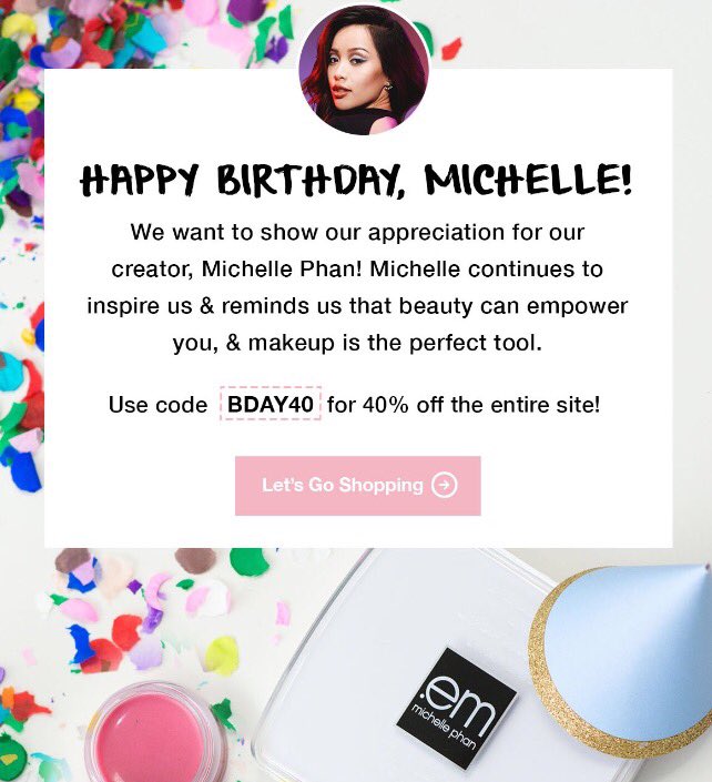 emcosmetics's tweet photo. Celebrate @MichellePhan's birthday with us! Get 40% off our entire site! 👉 https://t.co/sppXwm3x58 https://t.co/XGF0DF1JL8