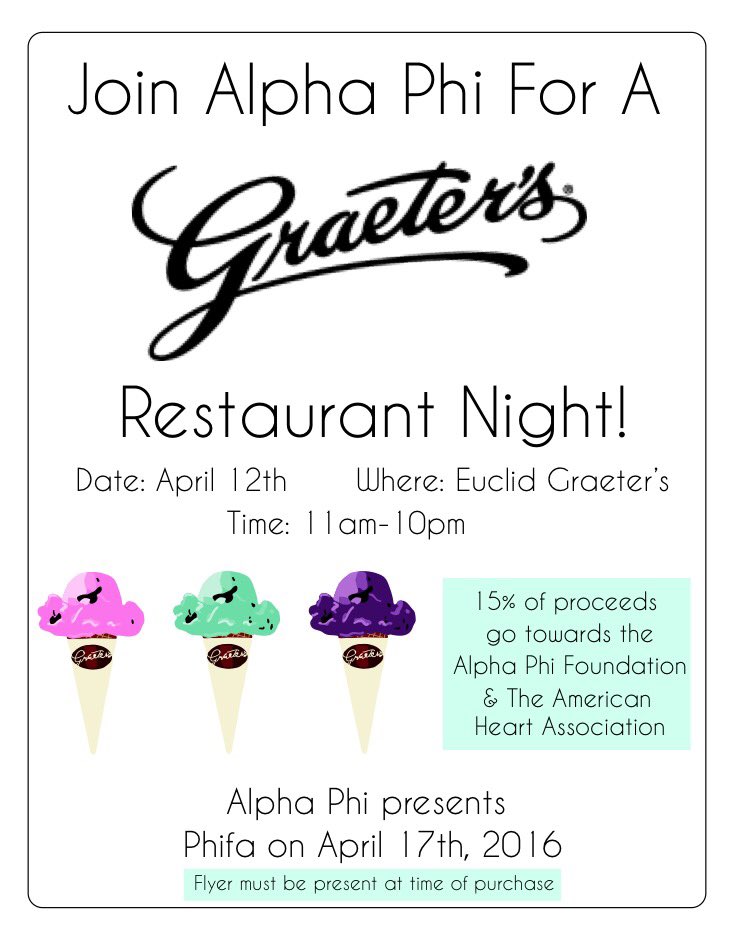 Alpha_PHIFA's tweet photo. Join us tomorrow at Graeter's to raise money for the Alpha Phi Foundation! Sign in for Phifa Spirit Points! 🍦 https://t.co/pIKZidKJvC