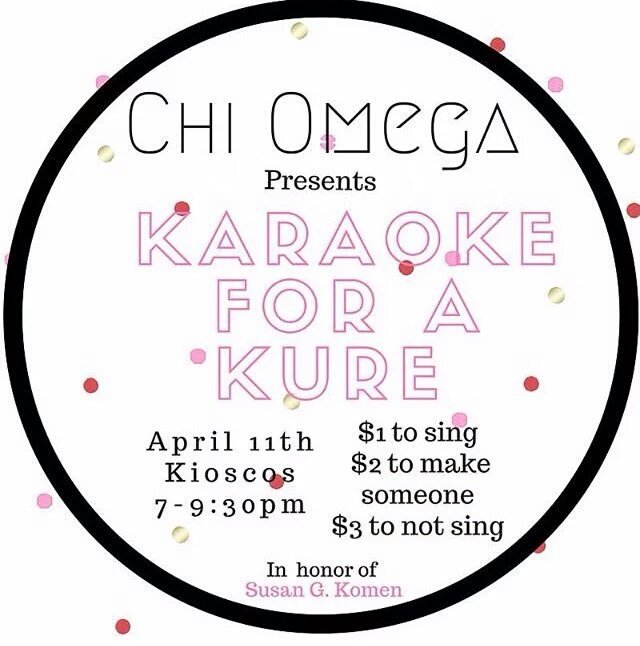 tdx_uncg's tweet photo. Everyone come out to Kiosco tonight to support the ladies of @UNCGChiOmega at their Karaoke for a Kure event!! https://t.co/LZebRWOfl0
