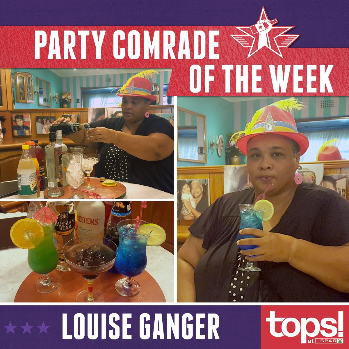TOPSatSPAR's tweet photo. Congratulations @LouiseGanger, Want to be a winner like Louise? Tag us in your mixology pics and vids #PartyComrade https://t.co/n1dl0rp37J