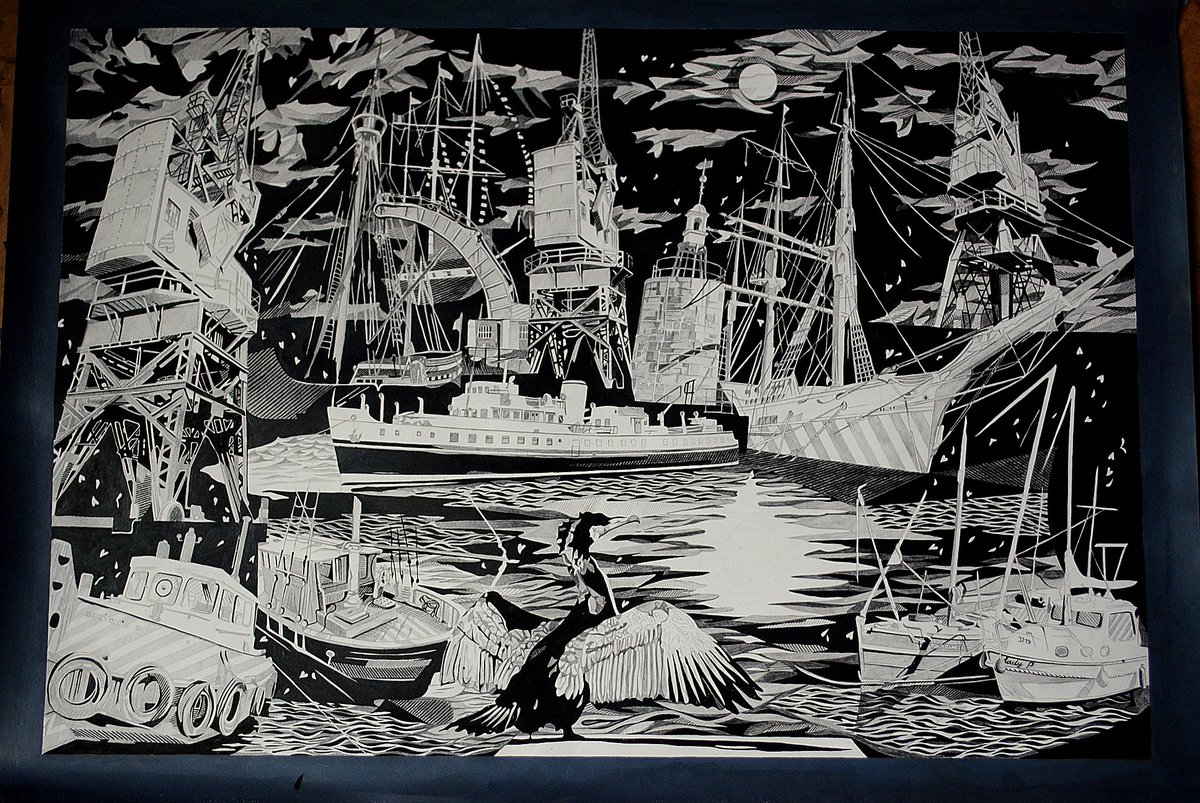 jonestar87's tweet photo. The Harbour. Bristol Scene Series no.3. #bristolharbour #bristolart #pencilandink #harbourlights #dancingcranes xo https://t.co/2JaSlbQFAF