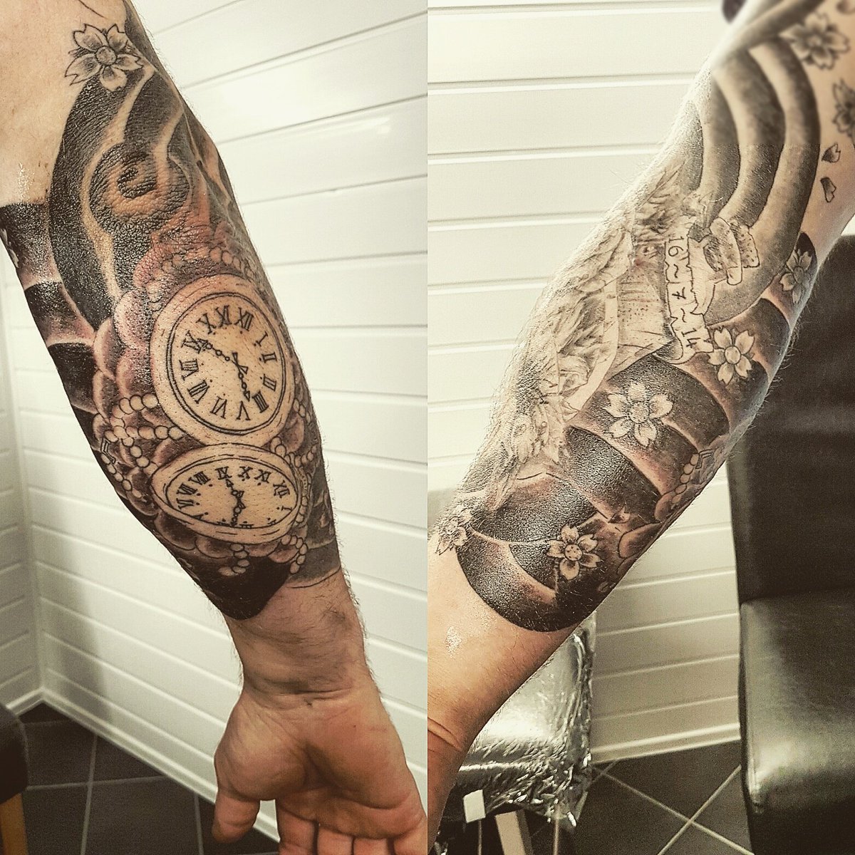 studio27_kent's tweet photo. Japanese sleeve under way, floral half sleeve underway, floral one will be very softly shaded, it needs to be dainty https://t.co/OO1vze6LTA