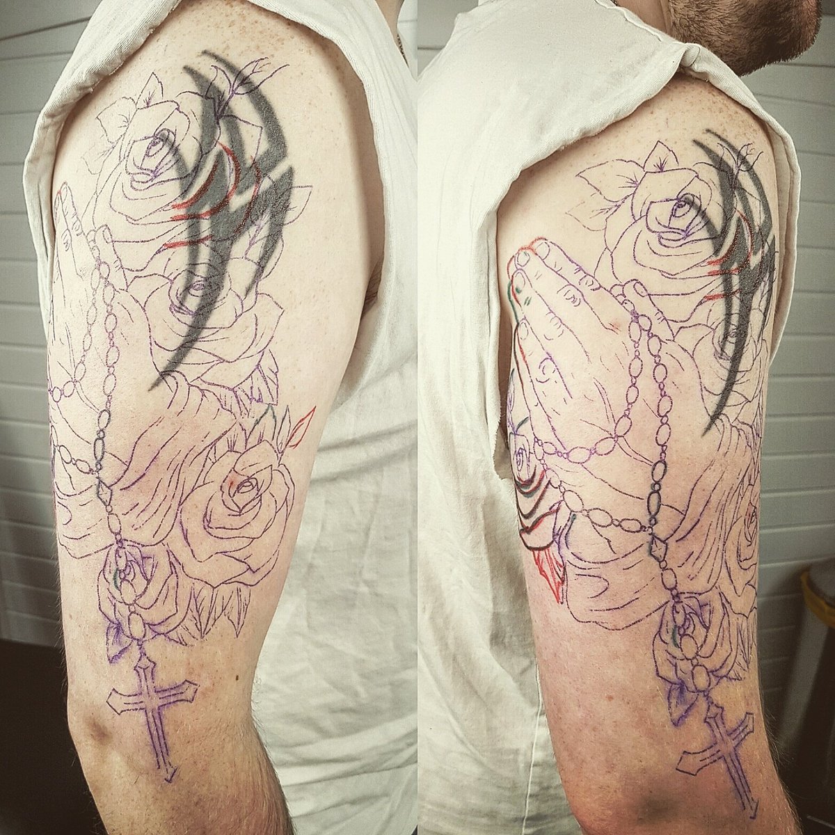 studio27_kent's tweet photo. Dreaded 90s tribal design, covered with this awesome rose and religious design.. underway. https://t.co/eTq0wdKUBN