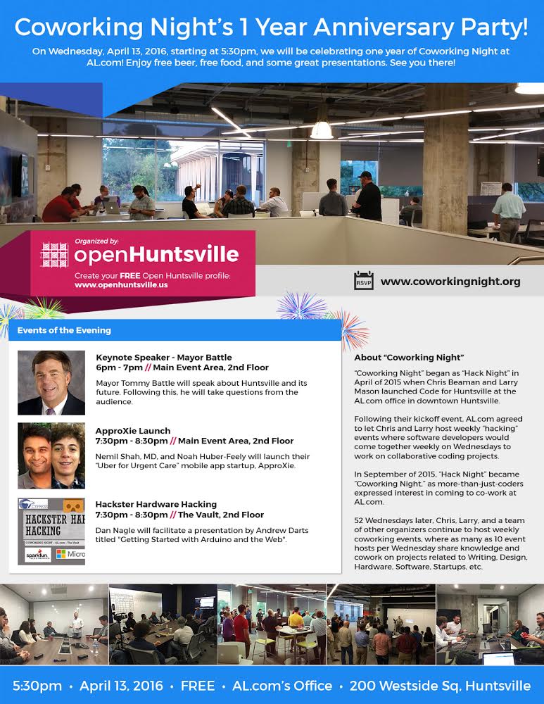 BarcampHSV's tweet image. Don&apos;t forget to RSVP for @openHSV 1 year anniversary this Wed at 5:30pm @ALcomHuntsville. facebook.com/events/1129766…