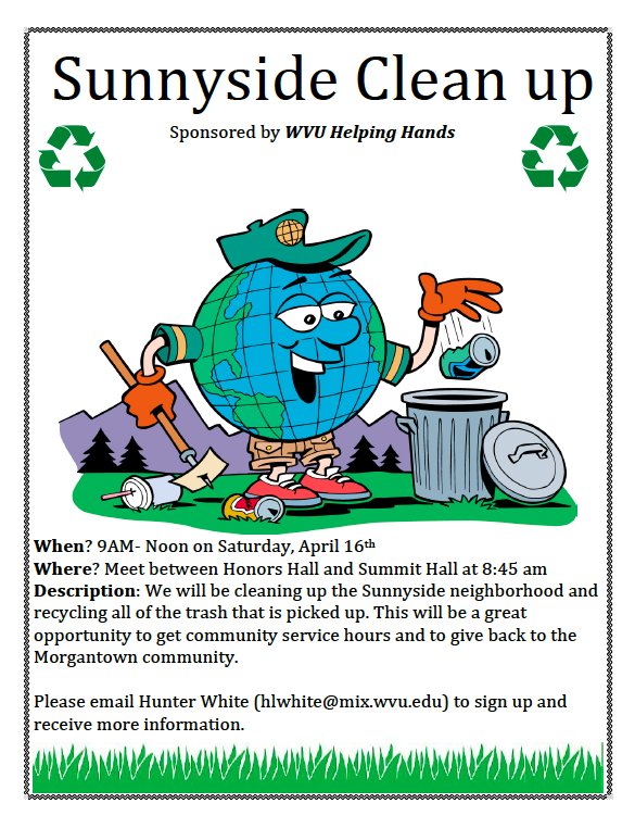 helpinghandswvu's tweet photo. Good morning @WVUStudents! We have a great event coming soon to clean up Sunnyside. See flyer for more details! 😁 https://t.co/MhmJLo1rm3