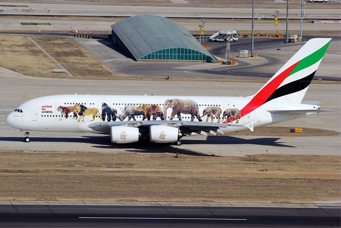 emirates's tweet photo. Emirates A380 with UFW livery has been spotted in Beijing Capital Int'l Airport. #Emirates #Airbus #A380 https://t.co/bfwxrGp8XT