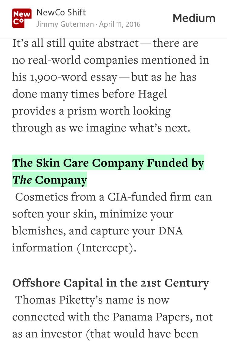 “The Skin Care Company Funded by The Company…” from “Ridesharing for Women, Slacking in Public, and New Business Models” by Jimmy Guterman.