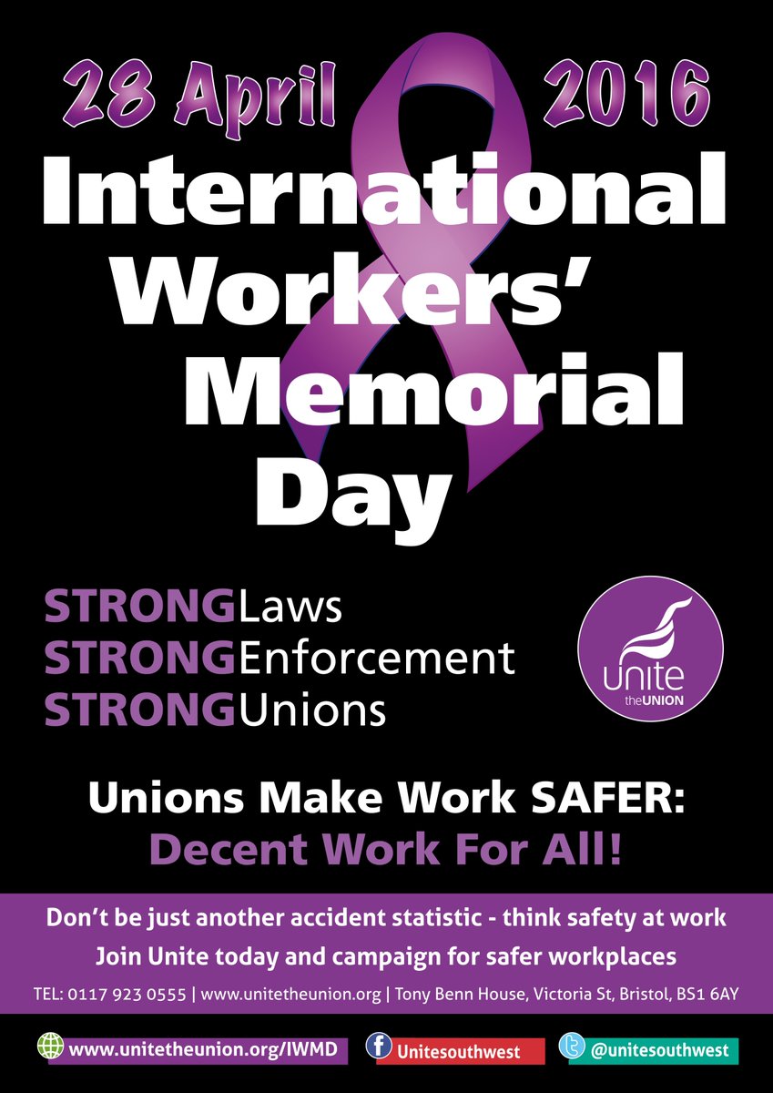 Join @unitesouthwest on Thur 28 April to continue the campaign for safer workplaces #INWD16 #UnionsMakeWorkSafer