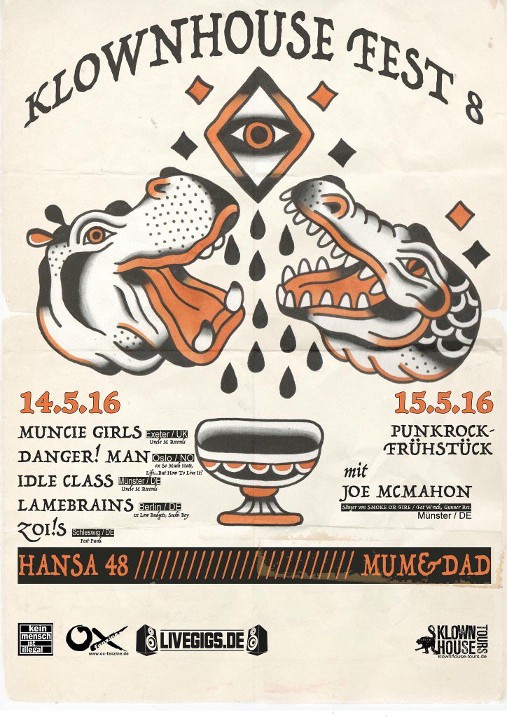 Klownhouse Fest 8 - Kiel
facebook.com/events/8577290…. @IdleClassBand  <a href="/munciegirls/">Muncie Girls</a> @oxzine