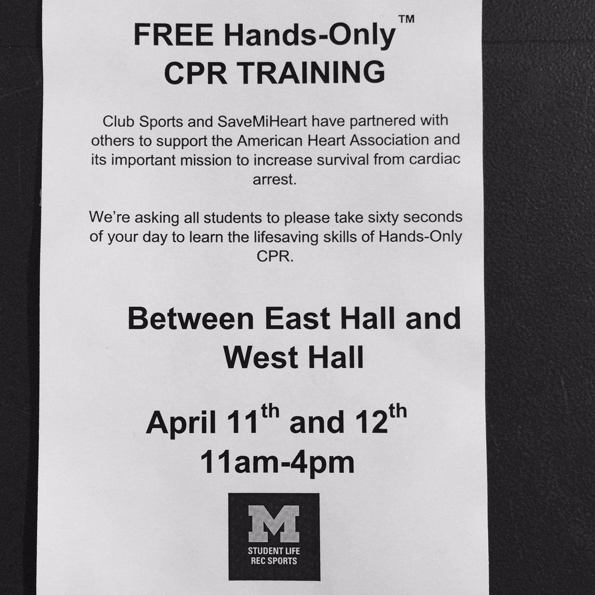 UMMHealthy's tweet photo. .@UmichRecSports & #SaveMiHeart partnered w/@American_Heart to offer FREE Hands-Only CPR Training. Flyer attached https://t.co/0Gxr58sgYa