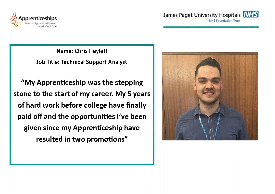 Our previous Apprentice Chris gives us a quote about his time as an Apprentice <a href="/JamesPagetNHS/">JPUH NHS FT</a> #mondaymotivation