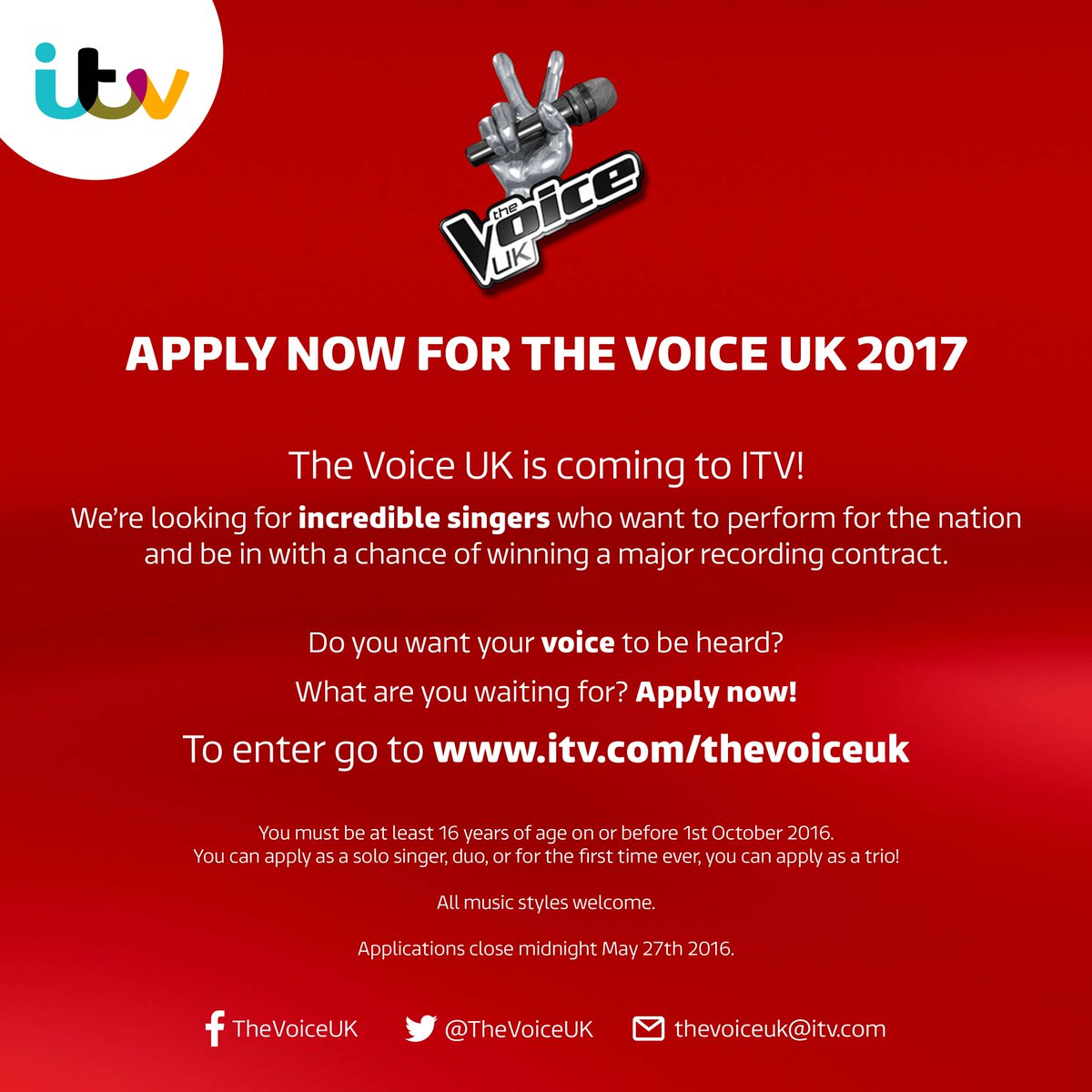 The Voice 2017 is coming to ITV! If you think you've got what it takes, then apply NOW. 
itv.com/thevoiceuk/app…
