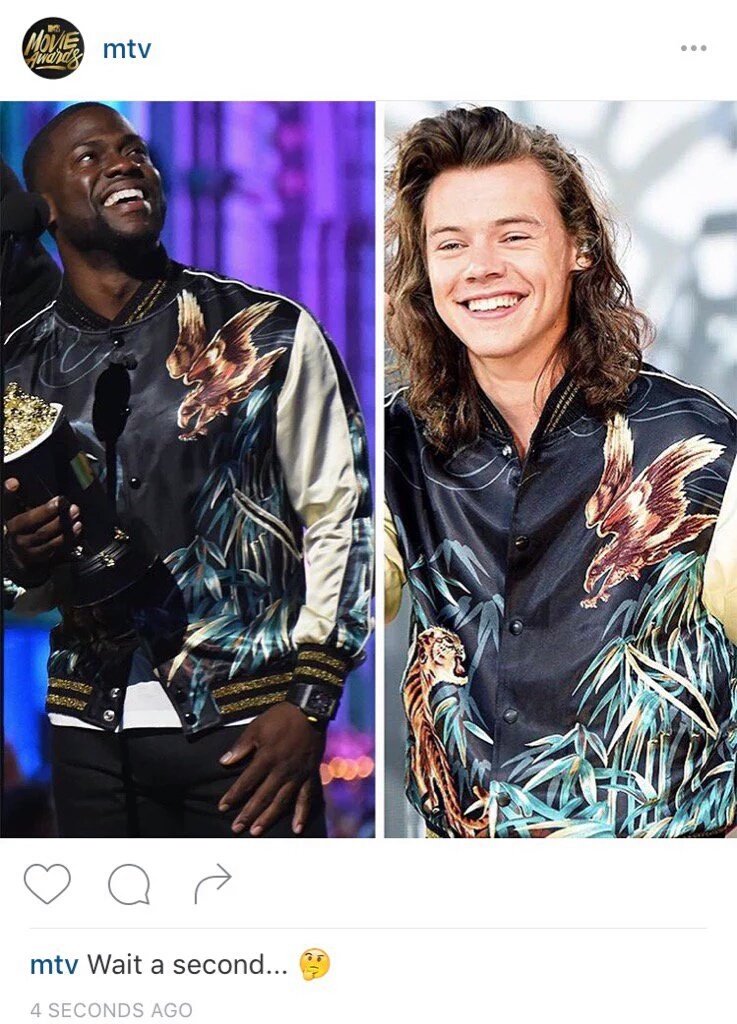 lasgrowns's tweet photo. MTV subió esta foto a IG, porque Kevin Hart uso en los MTV Music Awards la misma campera que uso Harry una vez https://t.co/UNERGarMAP