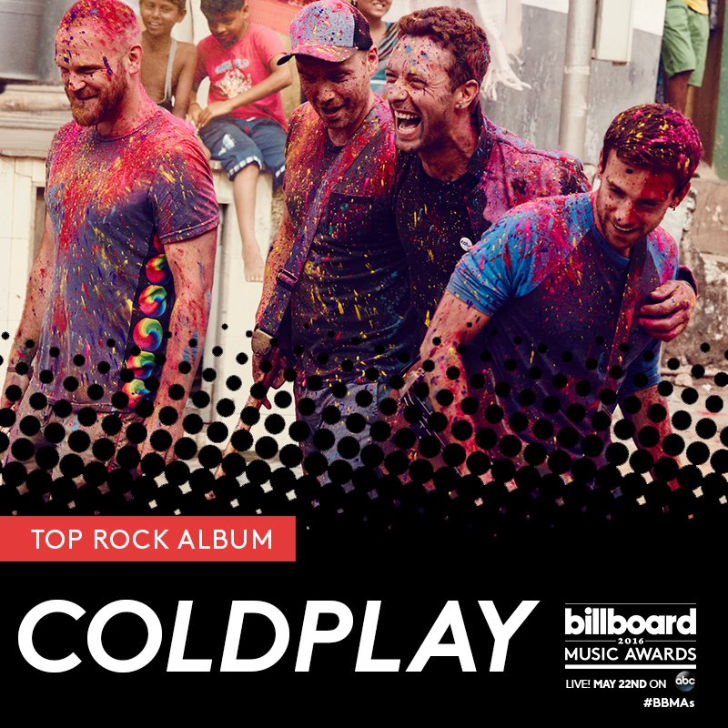 coldplay's tweet photo. A Head Full Of Dreams has been nominated for Top Rock Album at the 2016 Billboard Music Awards! A #BBMAs https://t.co/k4EPofo0Q7