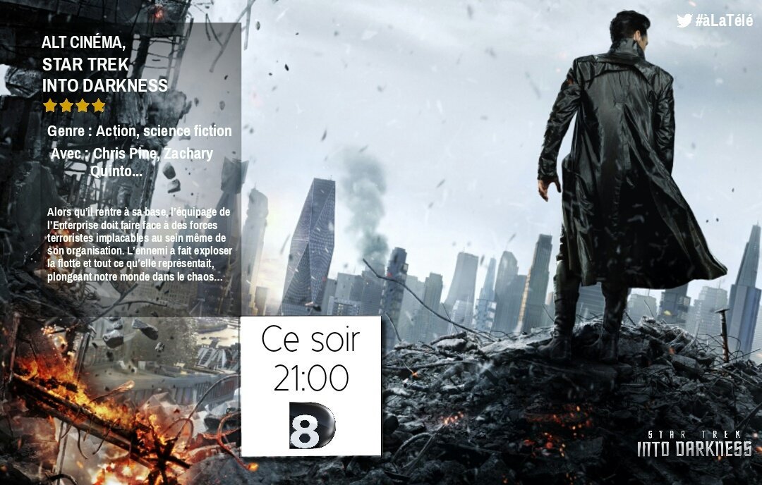 A_La_Tele's tweet photo. #Cinéma
#StarTrek "Into Darkness" avec #ChrisPine à 21:00 sur @D8TV
Bande-Annonce▶https://t.co/YM6moichkw
#àLaTélé https://t.co/aNdGHPam3l
