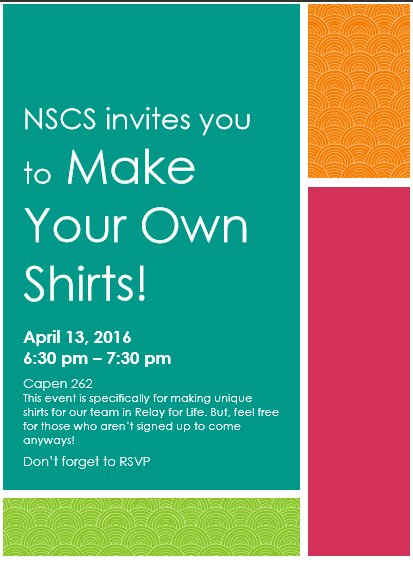UBNSCS's tweet image. Our Relay for Life T-Shirt Making  event is this Wednesday, April 13 in Capen 262 at 6:30pm! goo.gl/forms/MEopJ2qv…
