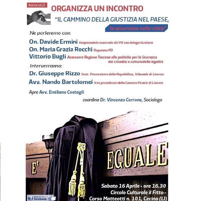 Sabato 16/4, ore 16.30,Cecina (LI)
Parleremo di Giustizia, Sicurezza e Diritti con <a href="/DavidErmini1/">David Ermini</a> e <a href="/mgrocchi/">Maria Grazia Rocchi</a>