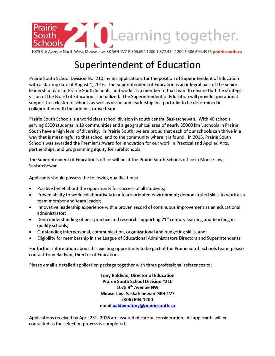 Prairie South Schools is looking for a Superintendent of Education.  Join our team!  #learningtogether