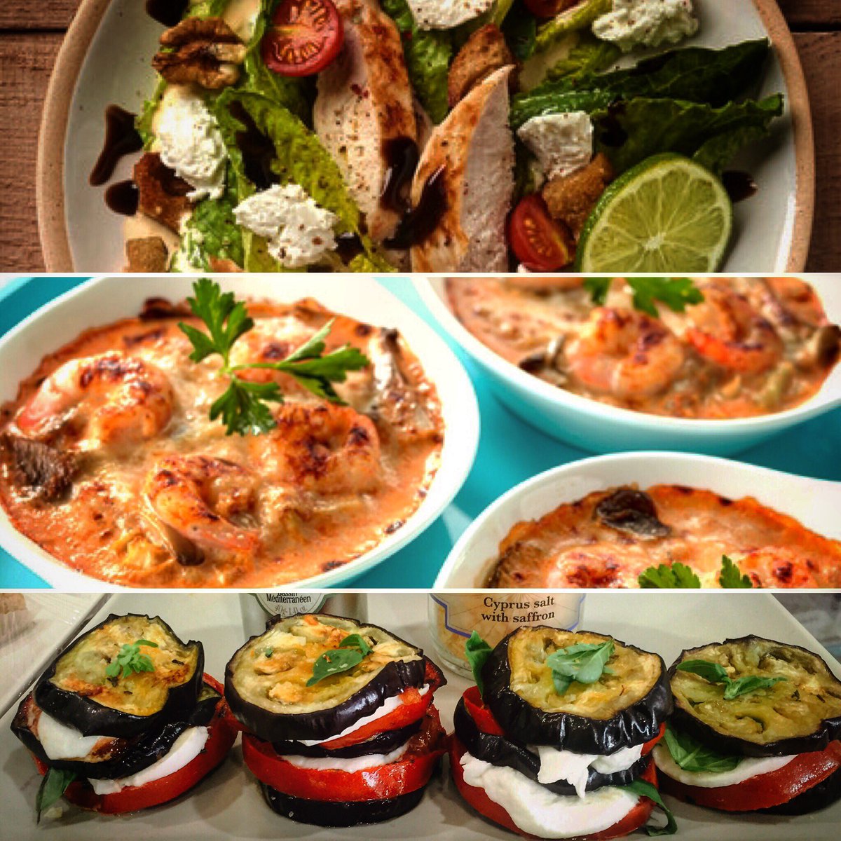 AlotroladoMed's tweet photo. Mañana en #alotroladodelmediterraneo #ensalada de pollo #pastel de verduras y gambas #milhojas de berenjena https://t.co/Ebm6gzaGYW