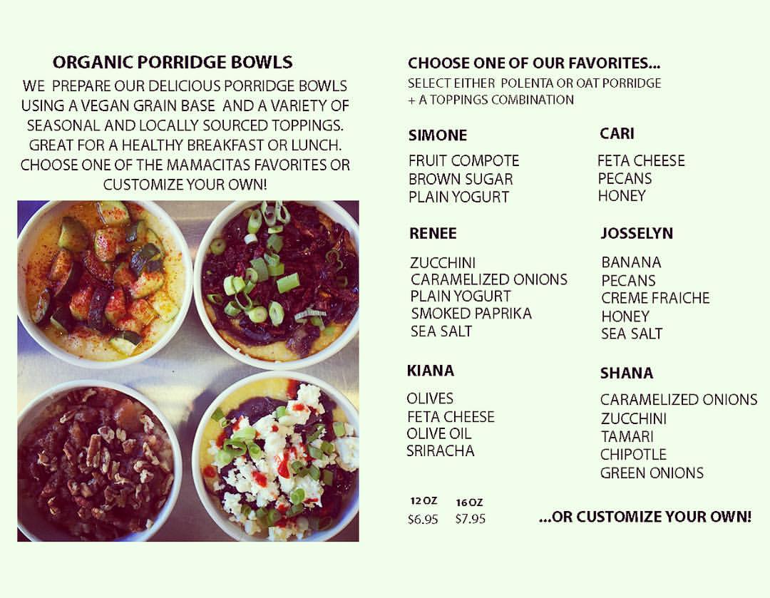MamacitasCafe's tweet photo. Mamacitas Cafe porridge bowl combinations! Our staff picked #PorridgeBowls are #delishandnutrish!! #MamacitasMade https://t.co/YnKkwI4L89