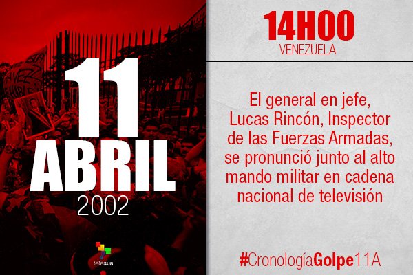 teleSURtv's tweet photo. 11 ABRIL 2002 |El Gral. Lucas Rincón se pronuncia en cadena nacional #Golpe11A https://t.co/XRDhg3w6WQ #11NoVolvera https://t.co/WTTswS1WSm