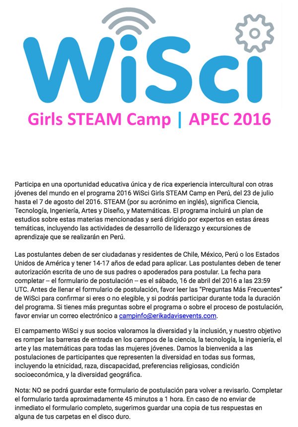 SFGirlUp's tweet photo. Aplicaciones abiertas para el STEAM Camp 2016  para jóvenes de 14-17 años provenientes de Perú, Mexico, Chile, &amp; USA https://t.co/lC6qogpMeQ