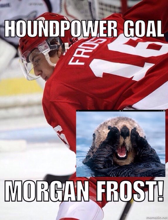 CskiChris's tweet photo. @OHLHoundPower @_morganfrost_10 @AndyFrostQ107 First career playoff goal ties it at 1-1! #PowRedUp #ShockTheO https://t.co/lyeDLRVmEB