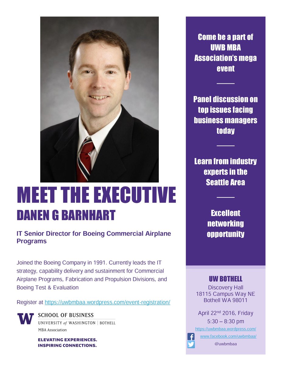 uwbmbaa's tweet photo. Meet one of the panelists Danen Barnhart for Meet the Executive event on April 22nd. RSVP at https://t.co/YdbxqDyI9n https://t.co/FhBasT3rqL
