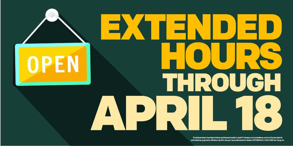 HRBlock's tweet photo. And, if you haven’t filed yet, we have extended hours - walk-ins welcome! #AskBlock https://t.co/74NV9F4MGW