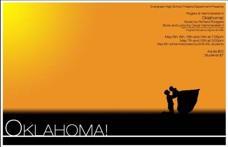 evergreendrama's tweet photo. How awesome are our posters for Oklahoma!?! #oklahoma #oklahomamusical #ehsdrama #vancouverWA #musicaltheatre https://t.co/U02cGEl6HP